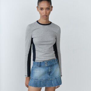 Mango Cotton long sleeve t-shirt cropped top contrasting panels S gray dark navy